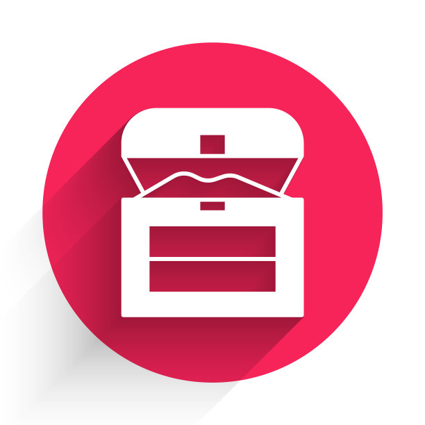 白色古董宝箱图标孤立的长阴影背景。复古的木制箱子和金币。红色圆圈按钮。向量图片下载