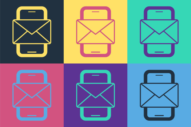 波普艺术手机和信封，新消息，邮件图标孤立的彩色背景。用于电子邮件通讯，标题，博客文章。向量图片下载