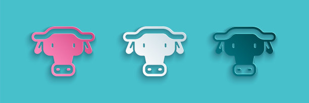 剪纸非洲水牛头图标孤立的蓝色背景。吉祥物，非洲大草原动物。有融合角的野牛、大牛或野牛。纸艺风格。向量图片下载