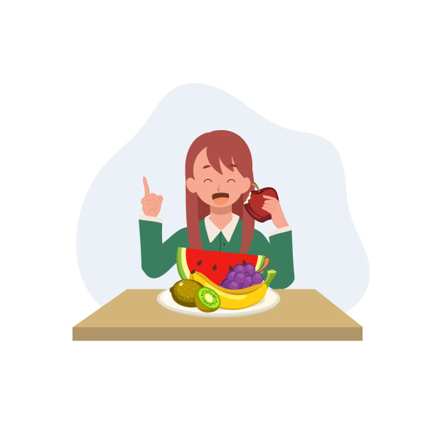 可爱的小女孩给建议吃健康的食物和吃红苹果在桌子上。平面矢量图解图片下载