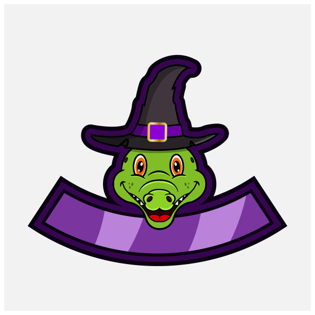 可爱的鳄鱼头人物。徽标，图标，徽章，徽章和标签与女巫帽。图片下载