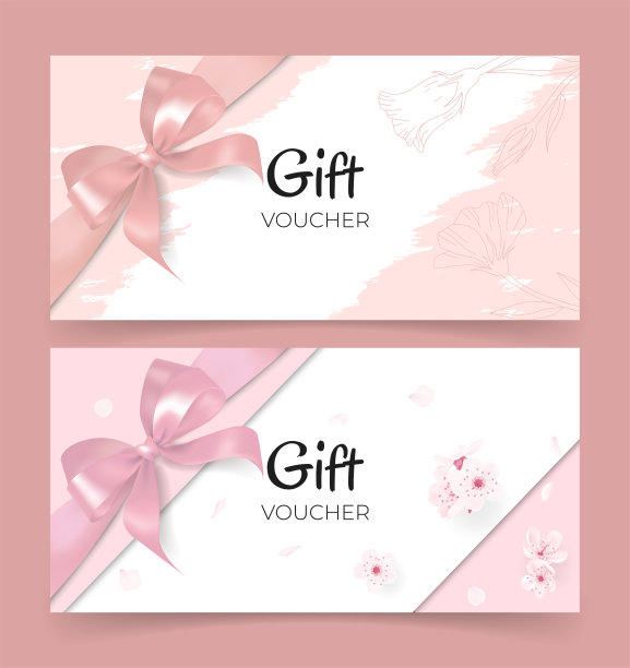 高级礼品卡集丝带蝴蝶结，优雅的矢量模板的业务推广和特别优惠，现实的丝绸缎质地，礼券折扣豪华设计在粉红色图片下载