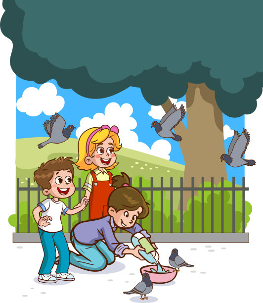 儿童喂养流浪动物卡通矢量图片下载