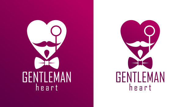 绅士心矢量图标或标志，心形与领带胡子和眼镜符号，男子俱乐部，男性潮人的风格和时尚。图片下载
