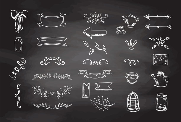 简单的素描线条风格元素。涂鸦可爱的墨水笔线复古元素孤立的黑板背景。涂鸦箭头，弓，园林工具，花卉元素，树叶，装饰符号，图标集。矢量插图。图片下载