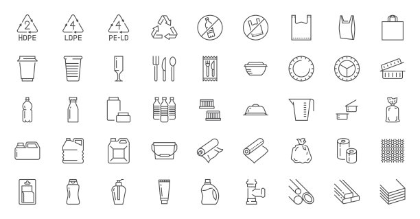 塑料包装线性图标集：一次性餐具、水瓶、泡罩包装等矢量图图片下载