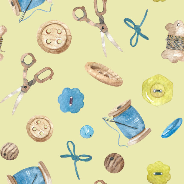 无缝图案与水彩剪刀，线轴和按钮。工艺品缝制手绘用品图片下载