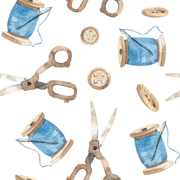 无缝图案与水彩剪刀，线轴和按钮。工艺品缝制手绘用品图片下载