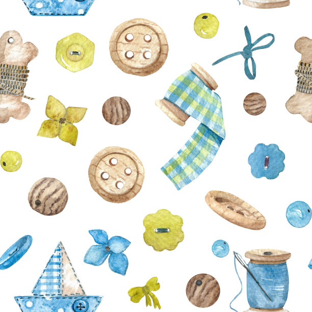 无缝图案与水彩剪刀，线轴和按钮。工艺品缝制手绘用品图片下载
