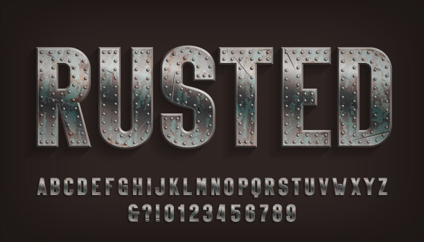 生锈的字母字体。损坏的金属字母和数字与铆钉。图片下载