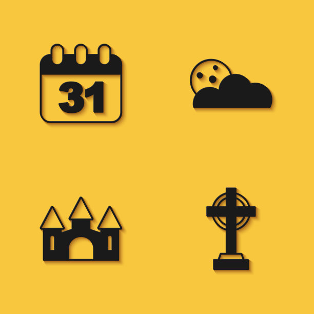 设定万圣节日期10月31日，墓碑与十字架，城堡和月亮和星星图标与长阴影。向量图片下载