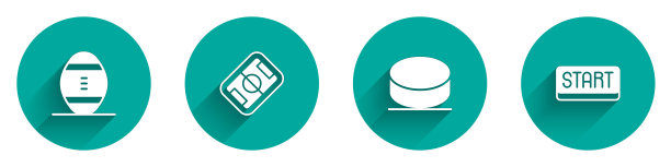 集美式足球，场，冰球和丝带在终点线图标长阴影。向量图片下载