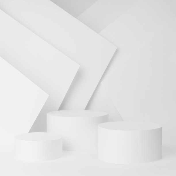 几何抽象时尚的白色舞台用于展示化妆品、商品，设计——三圆柱形讲台组实物模型，柔和的光线线条，角度以简洁的平面风格、方形呈现。图片下载