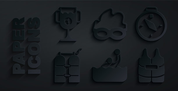 集水球，指南针，潜水，救生衣，眼镜游泳和奖杯图标。向量图片下载