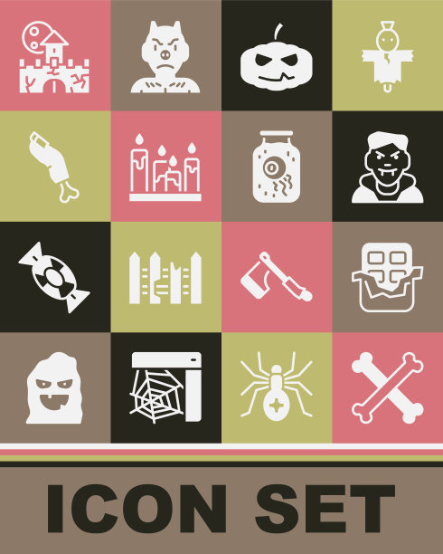 设置交叉的骨头，巧克力棒，吸血鬼，南瓜，燃烧的蜡烛，僵尸手指，城堡，堡垒和眼睛罐子图标。向量图片下载