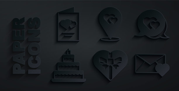 集糖果在心形盒子，心脏演讲泡沫，婚礼蛋糕，信封与情人节，地点和情人节传单图标。向量图片下载