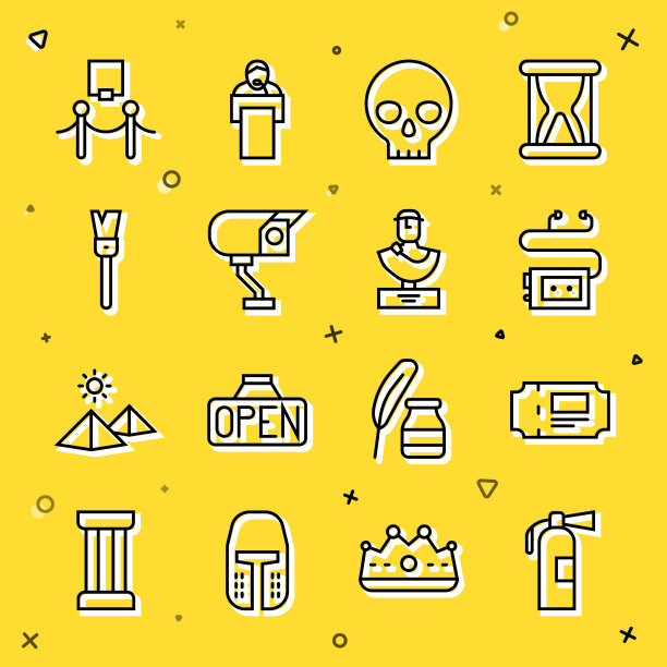 设置线灭火器、博物馆门票、语音导览、人头骨、安全摄像头、油漆刷、图片和绳屏障、古代胸像雕塑图标。向量图片下载