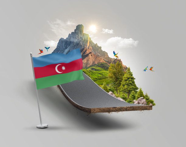 阿塞拜疆国旗漂浮在绿色陆地上，奇幻道路图片下载