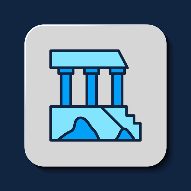 填充轮廓帕台农神庙从雅典，卫城，希腊图标孤立的蓝色背景。希腊古代国家的地标。向量图片下载