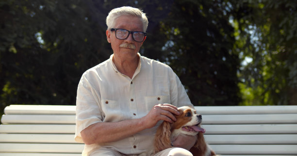老人在公园的长椅上抱着可爱的小狗图片下载