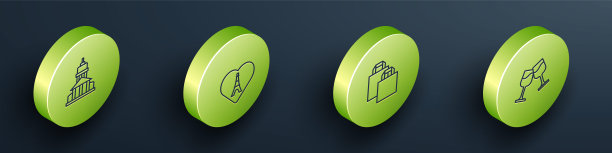 集博物馆建筑等距线，埃菲尔铁塔与心，纸购物袋和酒杯图标。向量图片下载