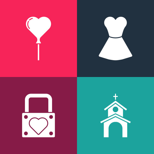 波普艺术集教堂建筑、锁与心、女人服饰与气球等形式icon。向量图片下载