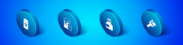 集等距喷漆罐，油漆，水粉，罐子，染料，刷子和桶与图标。向量图片下载