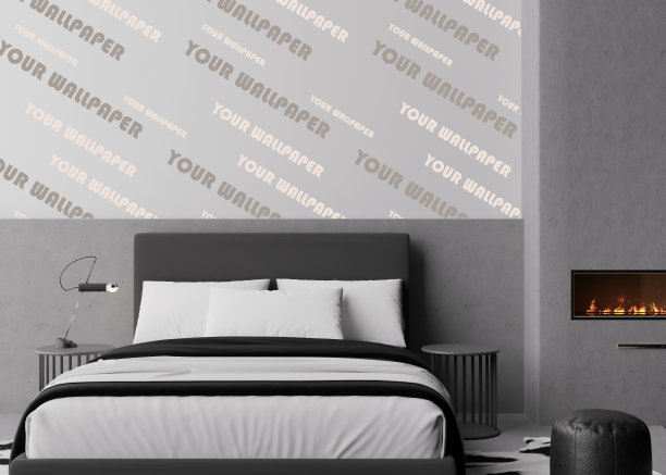 墙纸演示模拟。现代卧室与复制空间壁纸设计，墙板，照片壁纸，打印或油漆。内墙模型。展示,显示。3 d渲染。图片下载