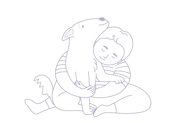 一个孤立的小男孩抱着一只狗，治疗狗的概念。轮廓矢量插图。图片下载