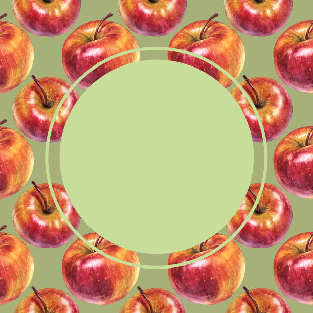 水彩圆框架与红苹果在绿色背景。夏秋美食甜。甜点是水果。画圈的艺术食谱或卡片菜单。用于配方墙纸或包装的手绘元素图片下载