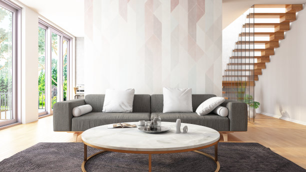 现代客厅内部与空墙家具和楼梯图片下载