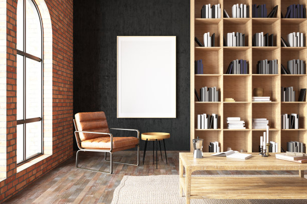 阅览室内部配有书架和模拟相框图片下载