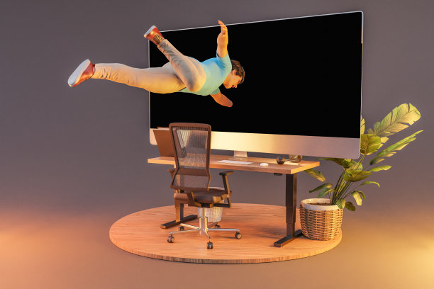 漂浮在空中的商人被吸进了巨大的PC显示屏;超现实压力沉浸与虚拟现实概念;无限背景下孤立的办公桌;三维演示图片下载