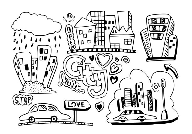 手绘草图的房子和城市孤立在白色的背景。图片下载