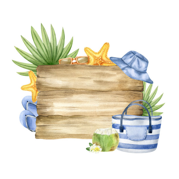 海滩木制招牌。广告牌、沙滩人字拖、沙子、包、太阳镜、巴拿马帽、海星、鸡蛋花和棕榈叶。水彩插图。孤立。用于明信片，营销，邀请。图片下载