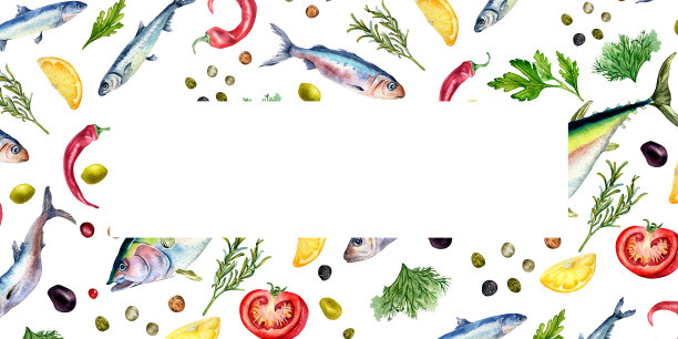 框架新鲜的鱼和香料水彩插图孤立的白色。野生鱼类，金枪鱼，鲑鱼，鲱鱼，凤尾鱼，西红柿手绘。食谱、招牌、菜单、市场、包装的设计元素图片下载