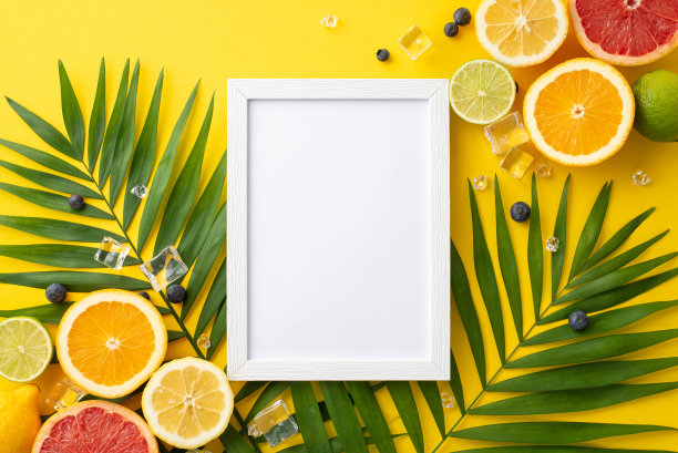 彩色平面俯视图照片，多汁的橙子，柠檬，酸橙和葡萄柚与绿色棕榈叶在明亮的黄色背景，以一个空的相框为文本或标志的理想选择图片下载
