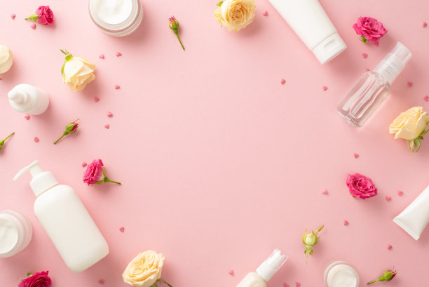 柔软和温和的自然护肤与顶部的视图扁平的精致乳霜瓶，泵瓶，和移液器与精致的玫瑰花在柔和的粉红色背景。空格是用来放文字的图片下载