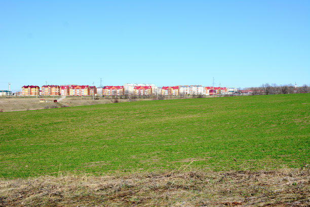 一排红屋顶的楼房前面是一片绿色的田野图片下载