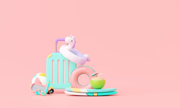 夏日粉色度假海滩，以极简的行李箱、充气环等元素为背景概念，展示夏日粉色主题的产品模型。最小可爱的设计。3 d渲染。图片下载