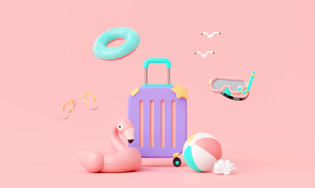 夏日粉色度假海滩，以极简的行李箱、充气环等元素为背景概念，展示夏日粉色主题的产品模型。最小可爱的设计。3 d渲染。图片下载