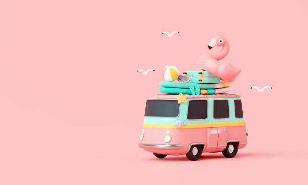 夏日粉色度假海滩与最小的旅行面包车巴士，冲浪板，元素背景概念，现实显示产品模型与夏日粉色主题。最小可爱的设计。三维渲染图片下载
