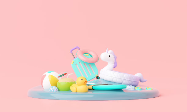 夏日粉色度假海滩，以极简的行李箱、充气环等元素为背景概念，展示夏日粉色主题的产品模型。最小可爱的设计。3 d渲染。图片下载