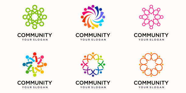 创意多彩的社区图标标志设计模板。团队四人一起图标孤立图片下载