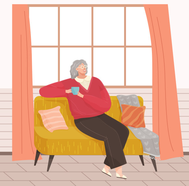 戴着眼镜的白发老妇人坐在沙发上喝茶，想着什么图片下载