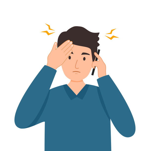 心烦意乱的男子正在打电话，白色背景的平面设计。手机上的问题。图片下载