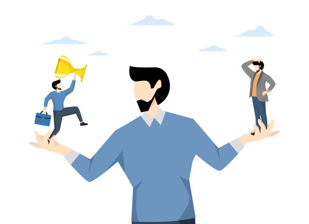 社会比较焦虑，因失败而气馁，失败者或自我激励问题的概念，拿自己和别人比较，站在自己的手上拿别人和其他成功者比较。图片下载