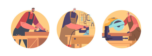 熟练的木工工作在车间，人们制作和塑造木制孤立的圆形图标。木匠字符图片下载