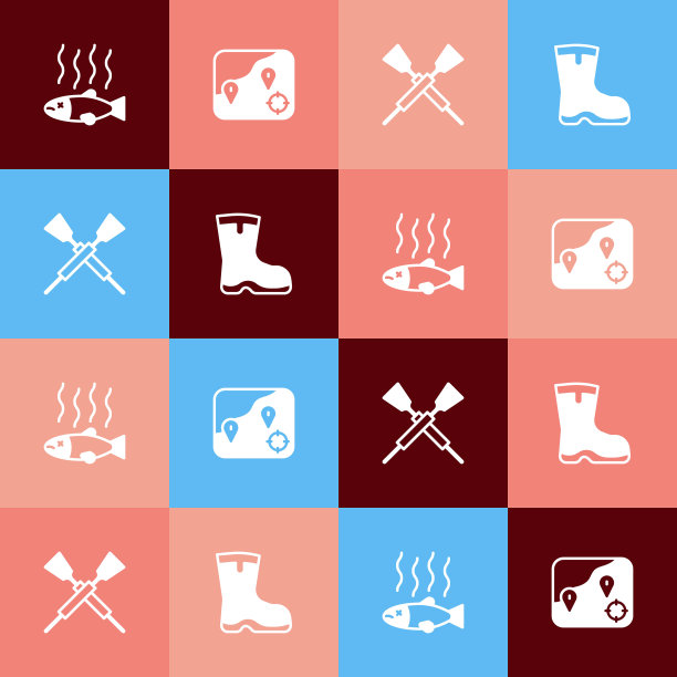 集波普艺术死鱼，位置钓鱼，交叉桨或桨船和钓鱼靴子图标。向量图片下载