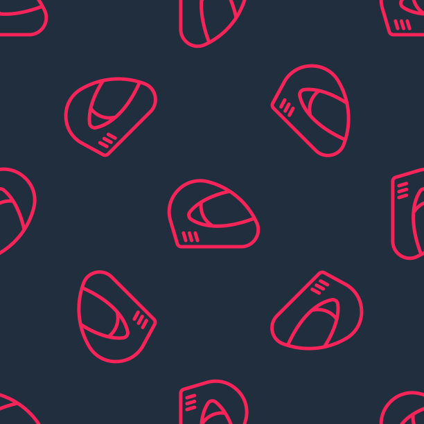 红线赛车头盔图标隔离无缝图案黑色背景。极限运动。运动设备。向量图片下载